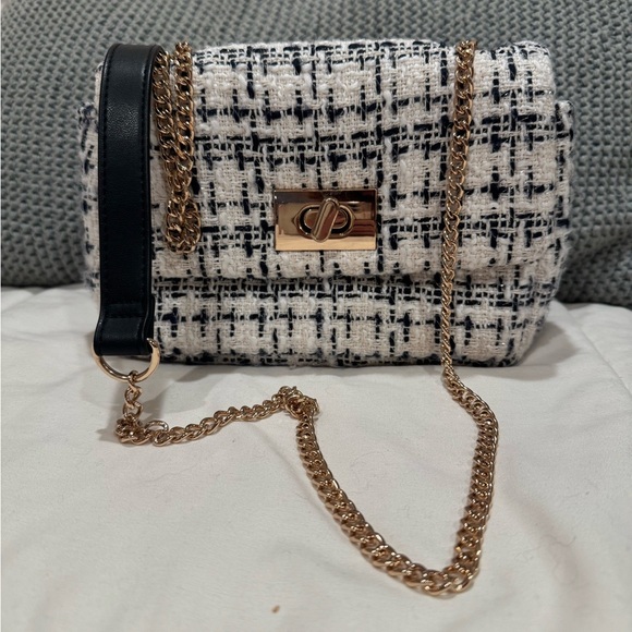 H&M Handbags - H&M Monochrome Tweed Crossbody Bag with Gold Chain
